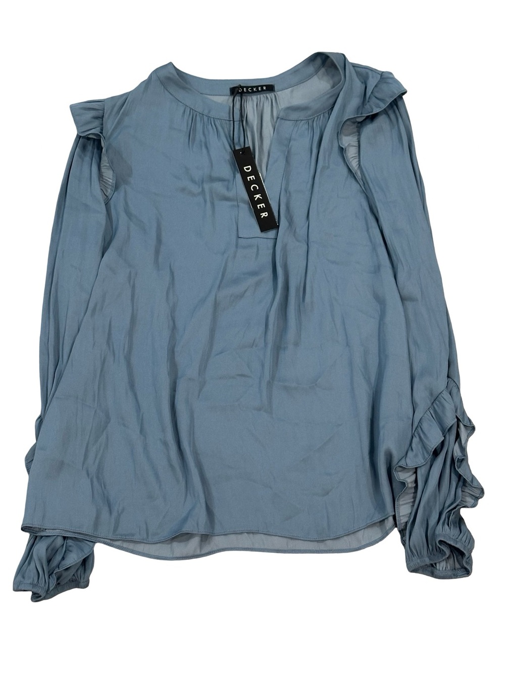 NWT Decker Women's Large Slate Blue Long-Sleeve Ruffle Blouse